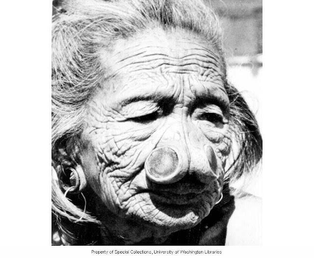 109 year old Apatani woman with nose plugs, Subansiri Frontier District - Arunachal Pradesh - India, ca. 1954
