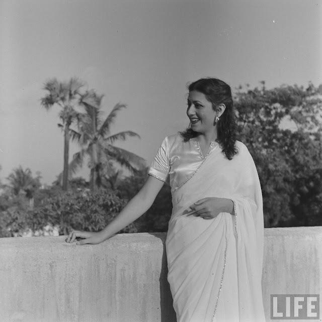 Hindi Movie Actress Madhubala in White Sari - Photo shoot by James Burke in 1951