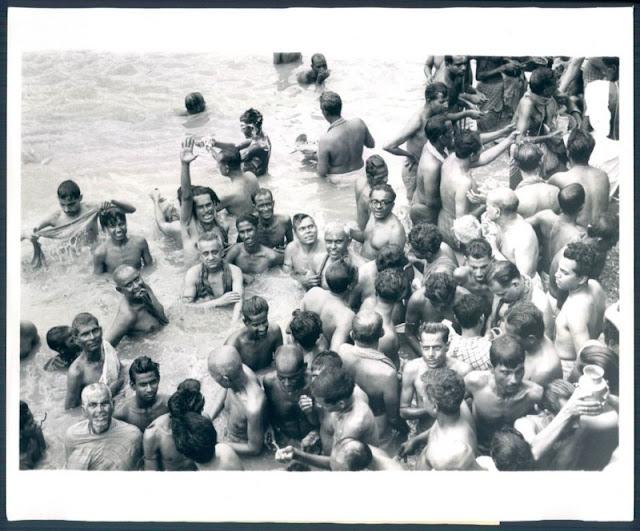 Hindu Men taking Bath in Ganges in Calcutta (Kolkata) during Ancestors Day Ceremony (Mahalaya) - 1966