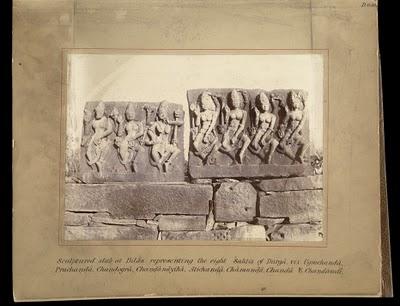 Sculptured slab at Bilas representing the eight Saktis of Durga - Ugrachanda, Prachanda, Chandogra, Chandanayika, Atichanda, Chamunda, Chanda and Chandavati - 1896