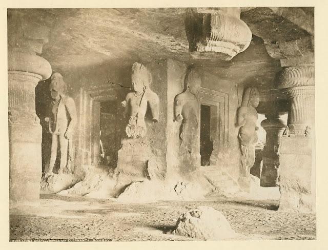 Sculptures in the Caves of Elephanta - Near Bombay (Mumbai), Maharashtra c1880's