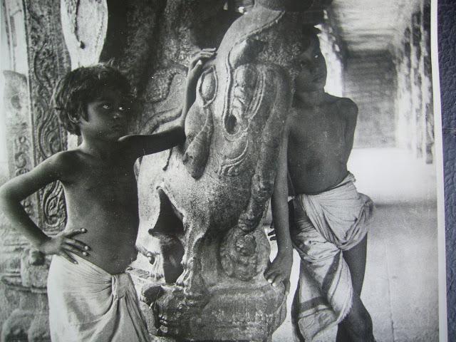 Two Boys Posing with Sculptured Mythical Animals in a Temple - Undated Photograph, Madurai, Tamil Nadu 